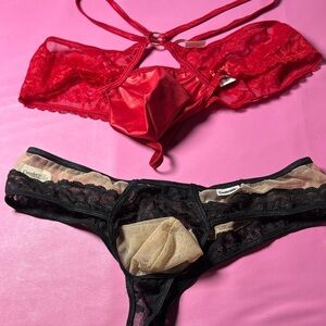 Men's Red Lace Bikini Brief & Black Sheer Pouch Brief Set